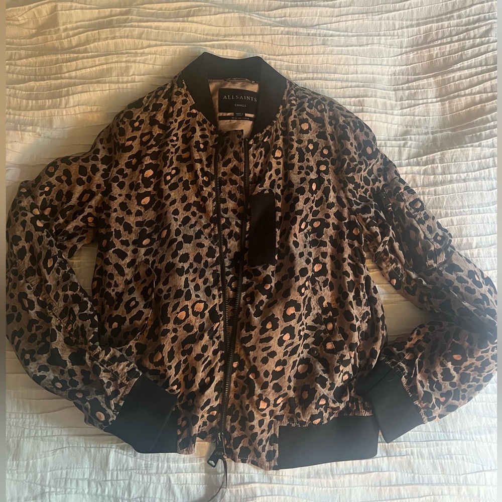 All Saints leopard print bomber jacket silk size Small